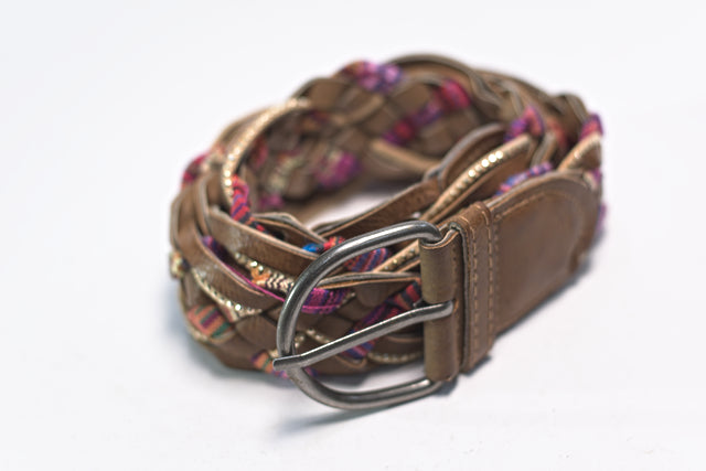 Brown Woven Braided Flowery Synthetic Leather for Women Belt