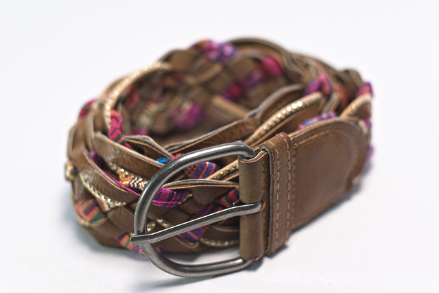 Brown Woven Braided Flowery Synthetic Leather for Women Belt