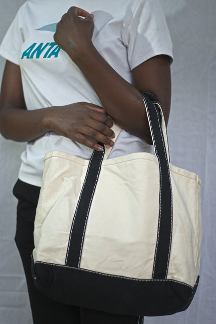 White Black Canvas Shoulder Girls Ladies Women's Tote Bag Handbag Mtumba